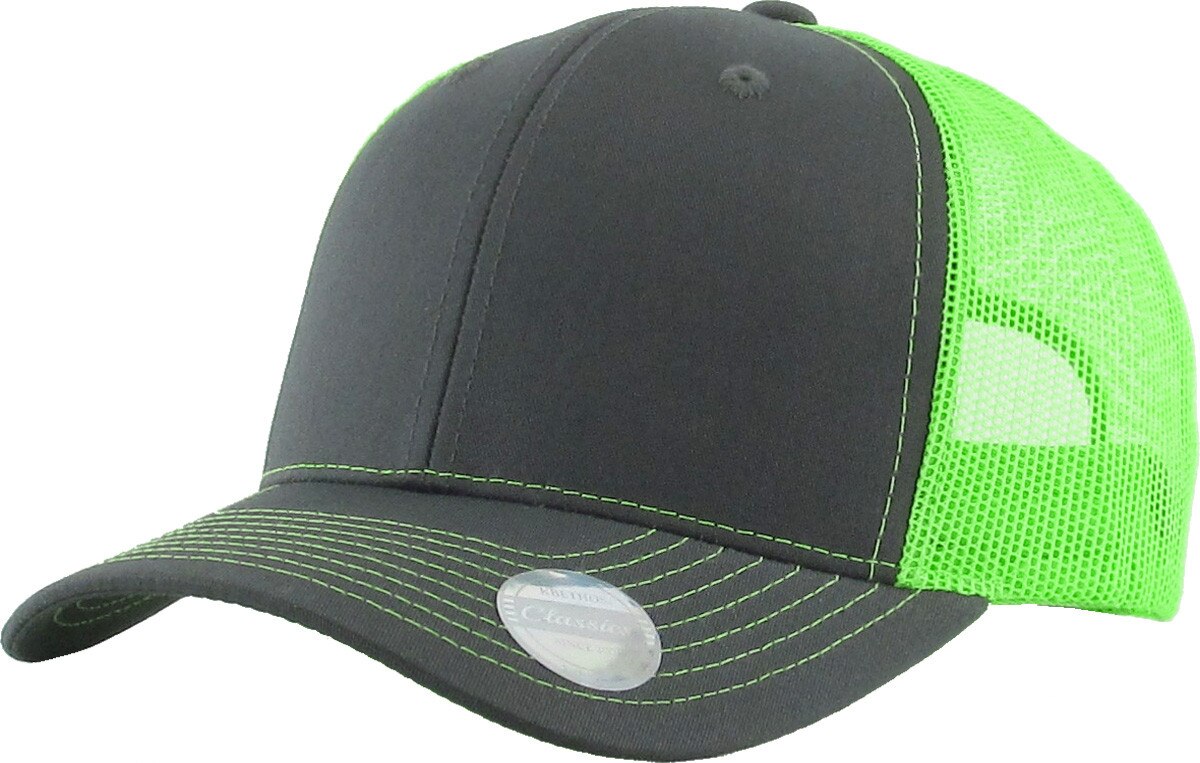 Dark Gray Neon Green Two Tone Classic 6 Panel Trucker Mesh Snapback Front Side View